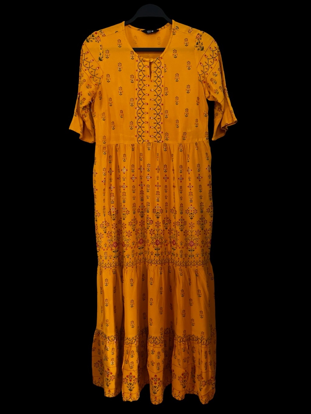 Indya Mustard Yellow Floral Foil Tiered Maxi Dress - Picture 2 of 6